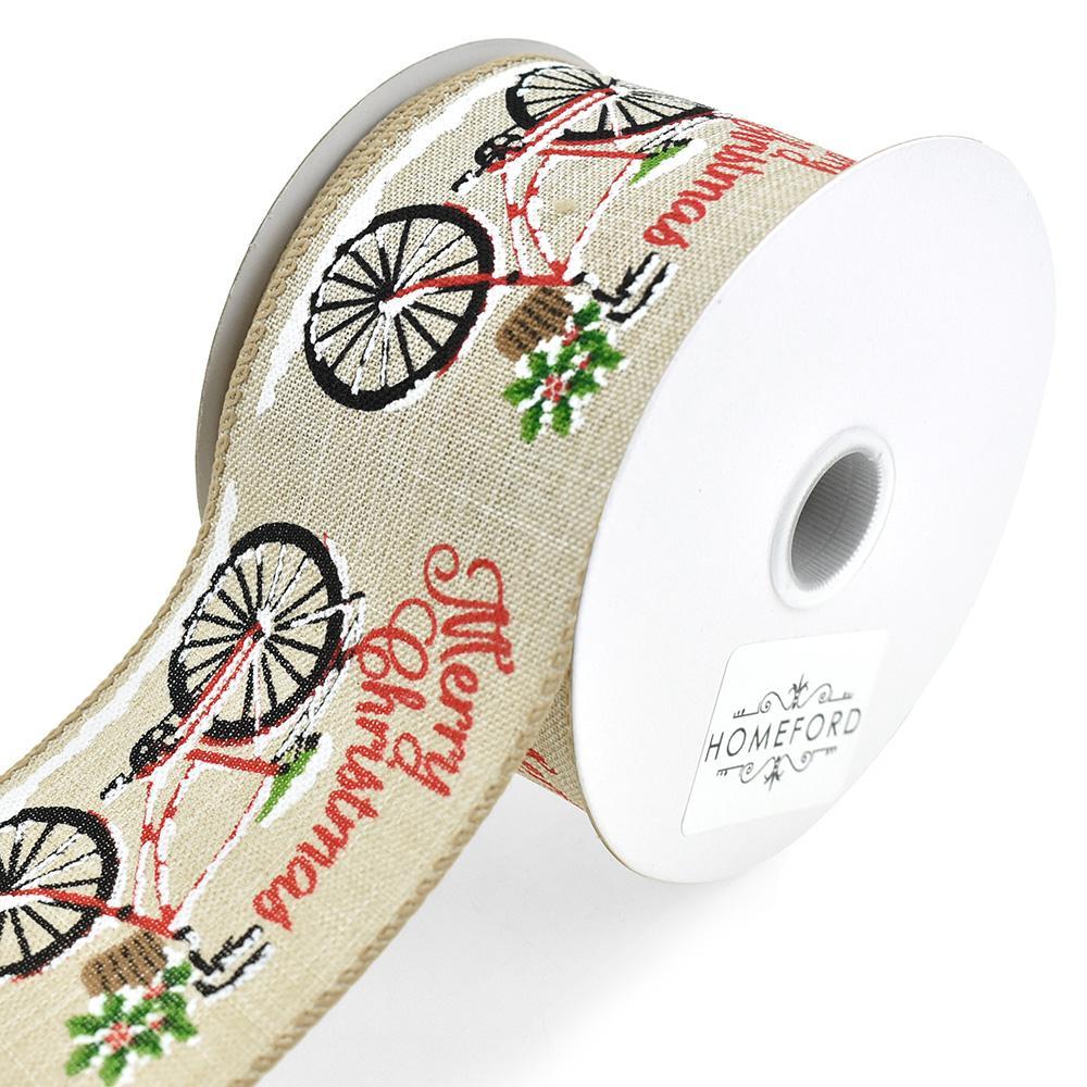 Natural Linen Christmas Bicycles Wired Ribbon, 2-1/2-Inch, 10-Yard