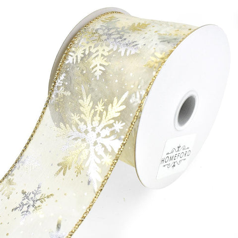 Christmas Sheer Gold/Silver Embossed Snowflake Wired Ribbon, 2-1/2-Inch, 10-Yard