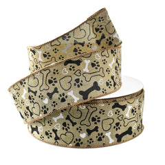 Dog Lovers Bones and Paws Faux Linen Wired Ribbon, 50-yard