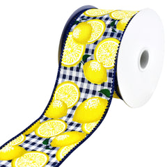 Gingham Printed Lemons Wired Ribbon, 10-yard