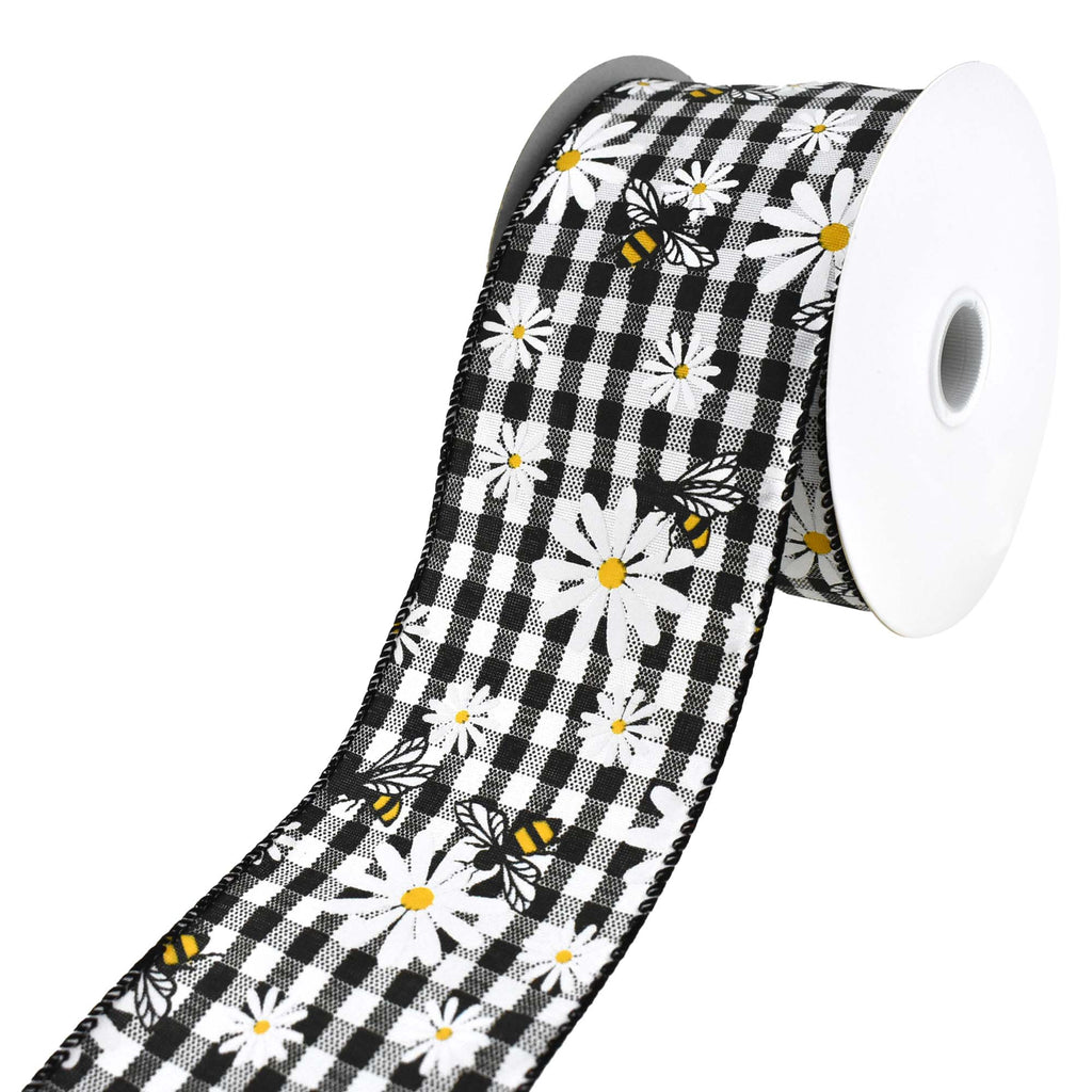 Gingham Plaid Daisies and Bees Wired Ribbon, 2-1/2-Inch, 10-Yard