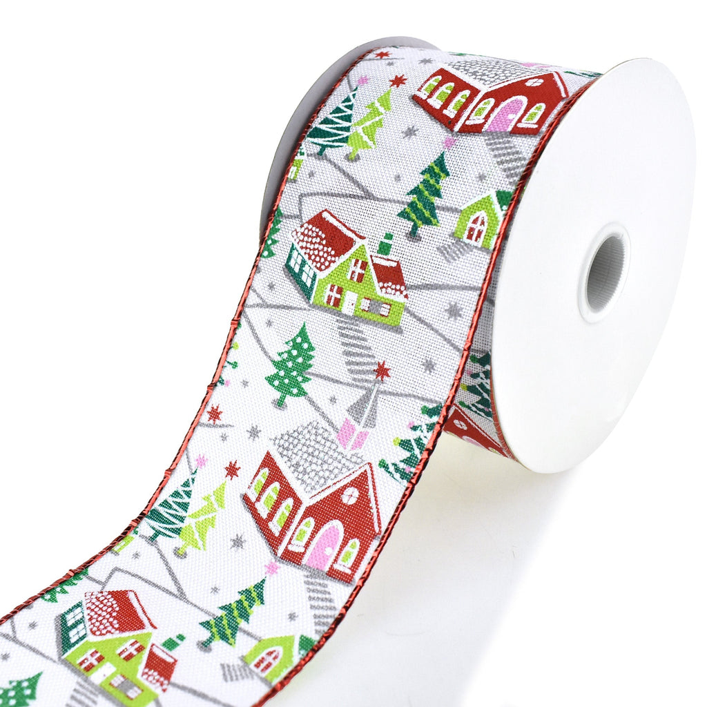 Christmas Glittered Houses Wired Ribbon, 2-1/2-Inch, 10-Yard