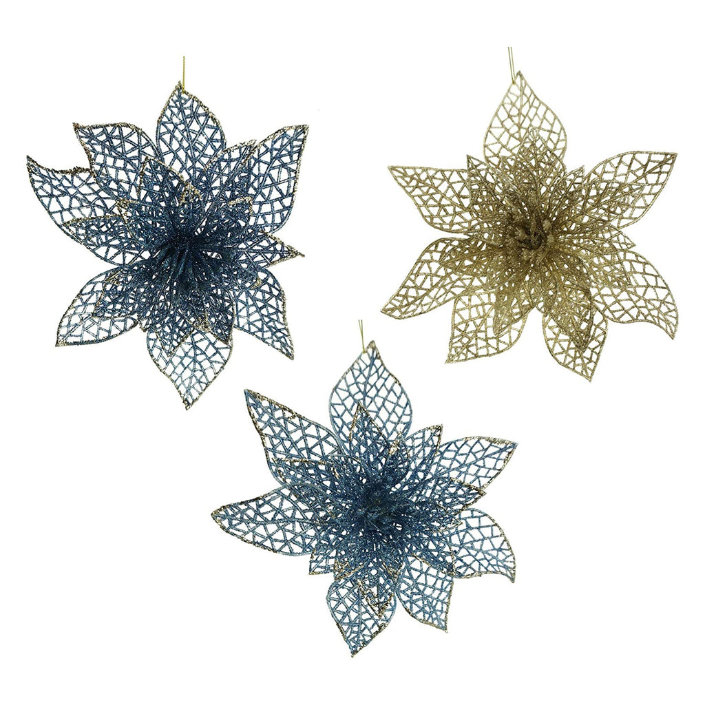 Glittered Poinsettia Ornament Decorations, Blue, 8-Inch, 3-Piece