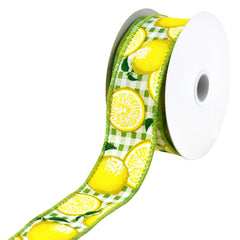 Gingham Printed Lemons Wired Ribbon, 10-yard