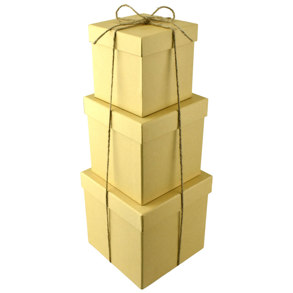Nested Square Gift Boxes, Natural Kraft Brown, 5-inch, 6-inch, 7-inch, 3-piece, 1.5-inch Satin Ribbon