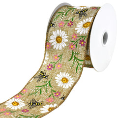 Printed Bees and Spring Flowers Wired Ribbon, 10-yard