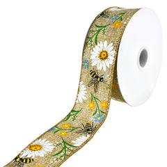 Printed Bees and Spring Flowers Wired Ribbon, 10-yard