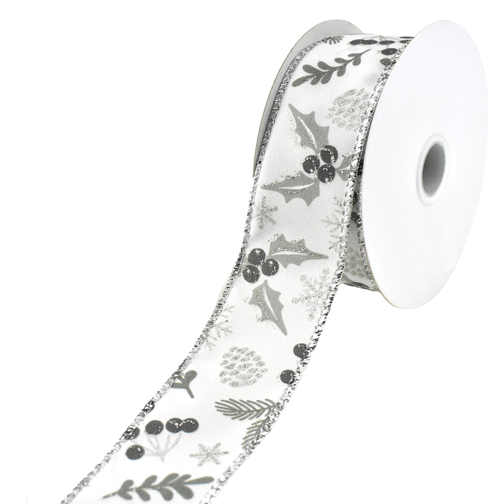 Shades of Grey Glitter Christmas Icons Wired Ribbon, 1-1/2-Inch, 10-Yard