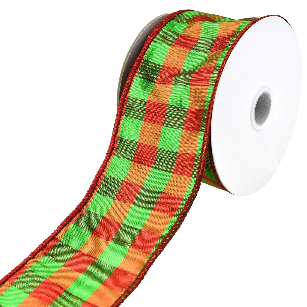 Metallic Lamé Gingham Plaid Dupioni Wired Ribbon, 2-1/2-Inch, 10-Yard - Red/Green