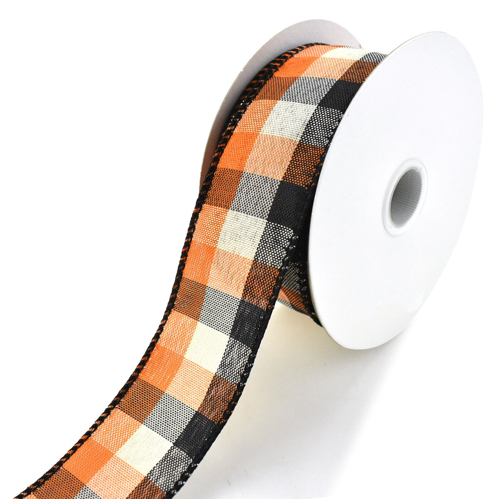 Square Plaid Wired Ribbon, Ivory/Orange/Black, 1-1/2-Inch, 10-Yard