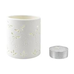 Dragonfly Cylinder Tea Light Candle Holder, 2-3/4-Inch - White