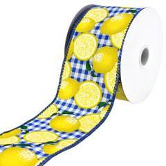 Gingham Printed Lemons Wired Ribbon, 10-yard