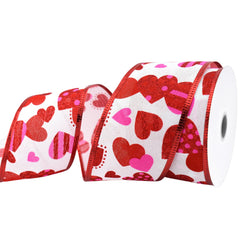 Valentine's Dotted Striped Hearts Faux Linen Wired Ribbon, 2-1/2-inch, 10-yard