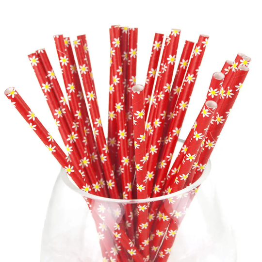 Flowers Paper Straws, 7-3/4-inch, 25-count, Red