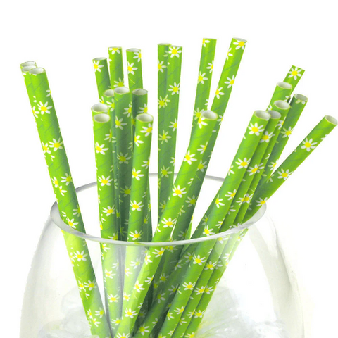 Flowers Paper Straws, 7-3/4-inch, 25-count, Apple Green