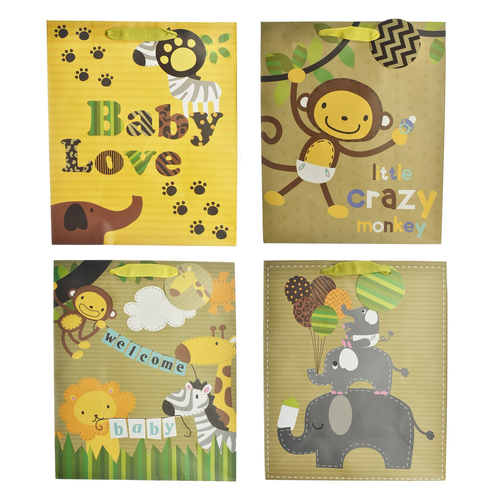 Baby Shower Safari Animals Gift Bags, 12-3/4-Inch, 4-Piece
