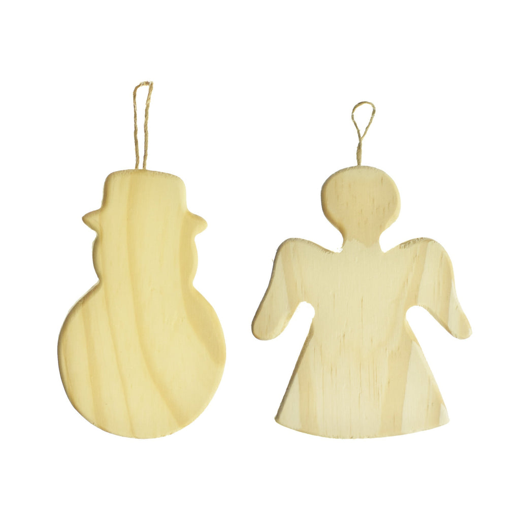 Unfinished Wood Snowman and Angel Ornaments, Assorted Sizes, 2-Piece