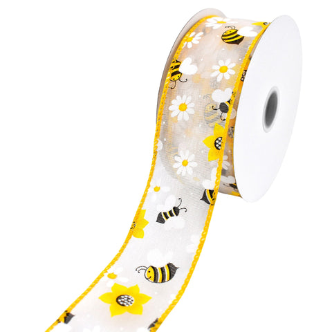 Bumblebees Daisies Sheer Organza Wired Ribbon, 1-1/2-inch, 10-yard