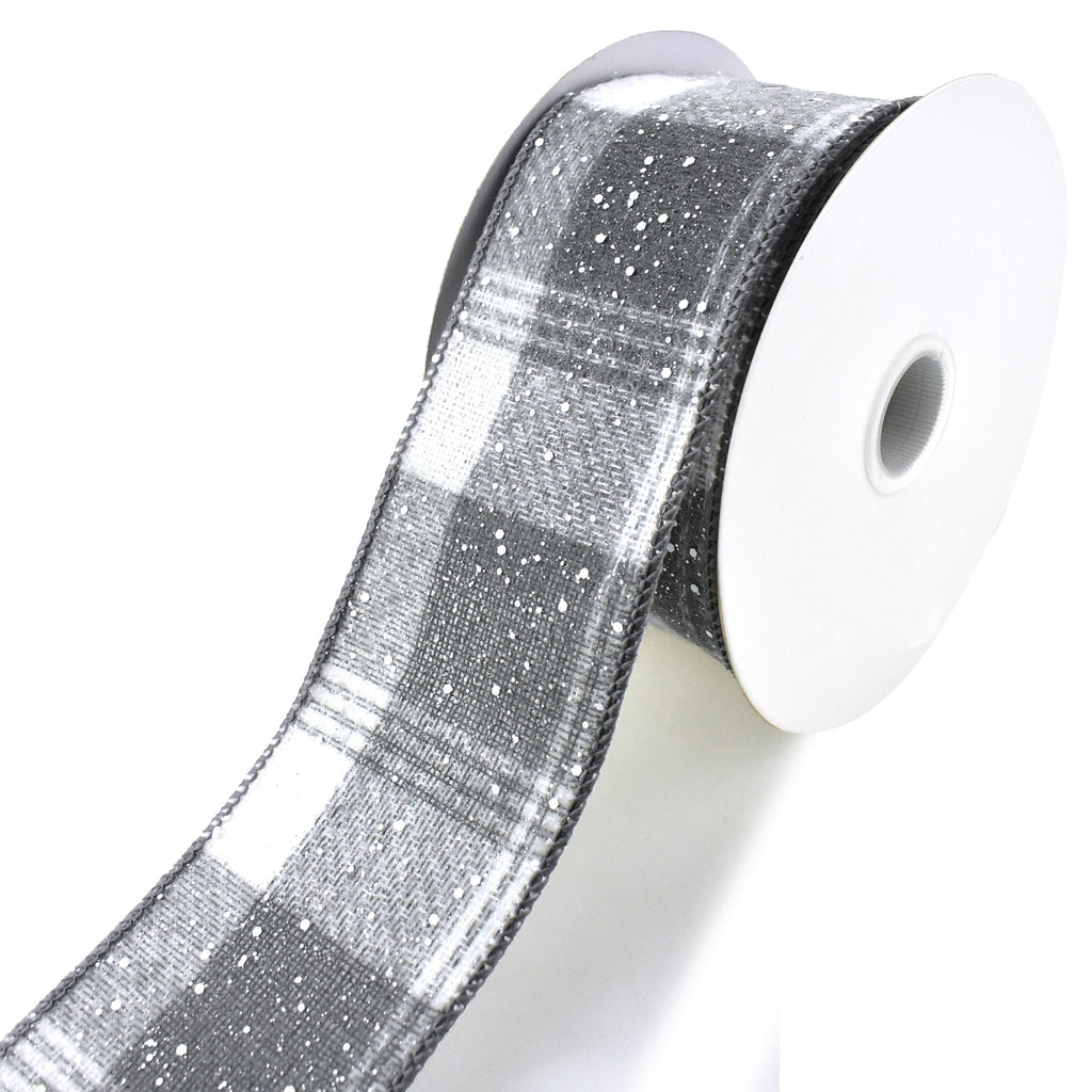 Snowy Flannel Stitch Plaid Wired Ribbon, Grey, 2-1/2-Inch, 10-Yard