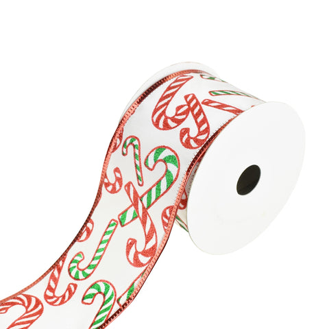 Christmas White Satin Red Trim Candy Cane Wired Ribbon, 2-1/2-Inch, 10-Yard - Red/Green