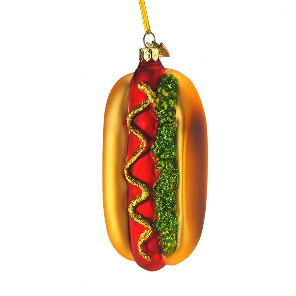 Hanging Glass Hot Dog Christmas Tree Ornament with Glitter, 4-1/2-Inch