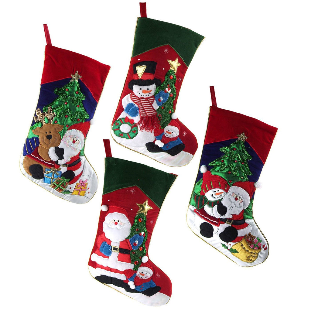 Embroidered Santa with Friends Christmas Stockings, Red, 19-Inch, 4-Piece
