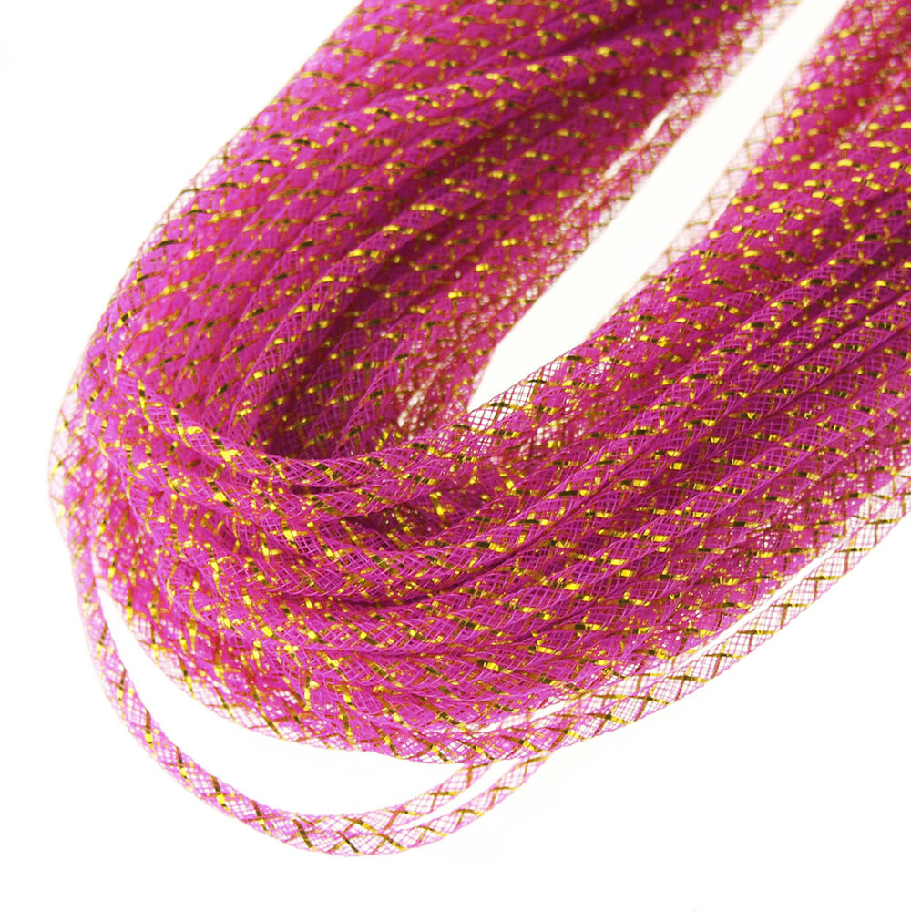 Mesh Tubing Deco Flex Ribbon, 4mm or 5/32-inch, 50-yard, Hot Pink/Gold