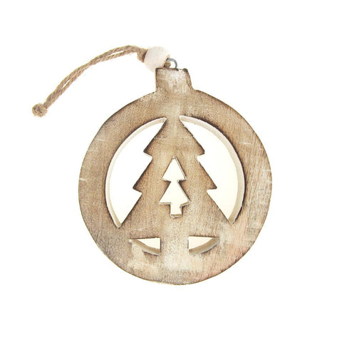 Hanging Wood Circle Christmas Tree Ornament, White Wash, 5-Inch